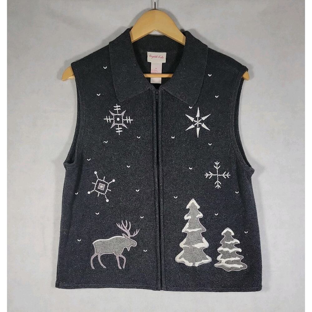 Crystal-Kobe Medium Gray Embroidered Appliqué Full Zip Sweater Vest Moose Winter